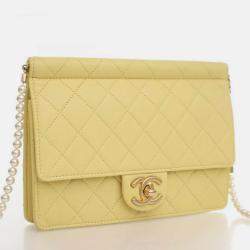 Pre Owned Chanel Medium Yellow Lambskin Chic Pearls Flap Bag
