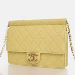 Pre Owned Chanel Medium Yellow Lambskin Chic Pearls Flap Bag