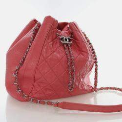 Pre Owned Chanel Vintage Pink Shiny Calfskin Drawstring Bucket Bag