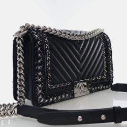 Pre Owned Chanel Medium Braided Chain Around Black Calkskin Boy Bag