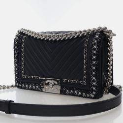 Pre Owned Chanel Medium Braided Chain Around Black Calkskin Boy Bag