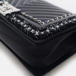 Pre Owned Chanel Medium Braided Chain Around Black Calkskin Boy Bag