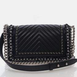 Pre Owned Chanel Medium Braided Chain Around Black Calkskin Boy Bag