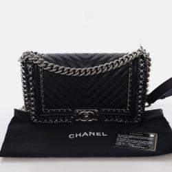 Pre Owned Chanel Medium Braided Chain Around Black Calkskin Boy Bag