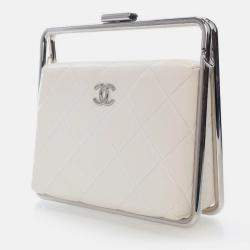 Pre Owned Chanel White Lambskin Metal Bar Flap Bag