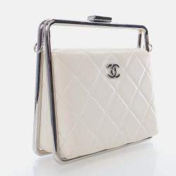 Pre Owned Chanel White Lambskin Metal Bar Flap Bag