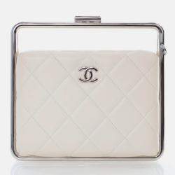 Pre Owned Chanel White Lambskin Metal Bar Flap Bag
