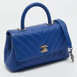 Pre Owned Chanel Blue Chevron Caviar Leather Mini Coco Top Handle Bag