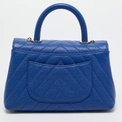 Pre Owned Chanel Blue Chevron Caviar Leather Mini Coco Top Handle Bag