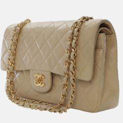 Pre Owned Chanel Beige Medium Classic Lambskin Double Flap