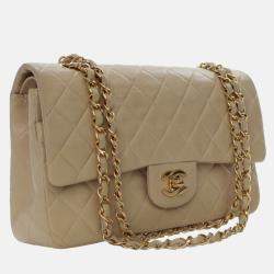 Pre Owned Chanel Beige Medium Classic Lambskin Double Flap