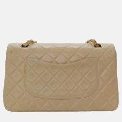 Pre Owned Chanel Beige Medium Classic Lambskin Double Flap