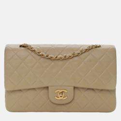 Pre Owned Chanel Beige Medium Classic Lambskin Double Flap