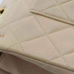 Pre Owned Chanel Beige Medium Classic Lambskin Double Flap