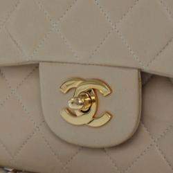 Pre Owned Chanel Beige Medium Classic Lambskin Double Flap