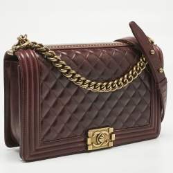 Pre Owned Chanel Navy Burgundy Quilted Leather New Medium Boy Paris- Salzburg Flap Bag