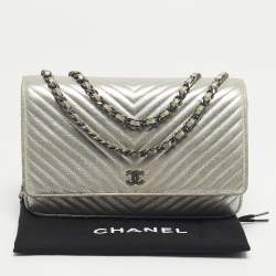 Pre Owned Chanel Silver Chevron Leather CC WOC Bag