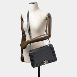 Pre Owned Chanel Boy Chanel Chain shoulder Bag Black Lambskin Patent Leather Size Large