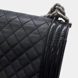 Pre Owned Chanel Boy Chanel Chain shoulder Bag Black Lambskin Patent Leather Size Large