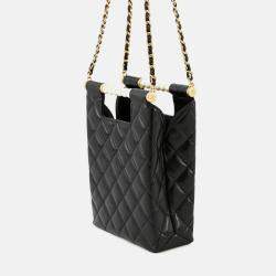 Pre Owned Chanel Matelasse Pearl Handle Chain Shoulder Bag Black Lambskin