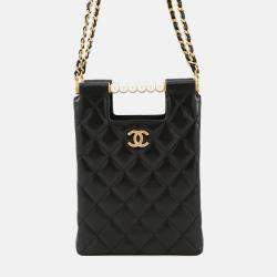 Pre Owned Chanel Matelasse Pearl Handle Chain Shoulder Bag Black Lambskin