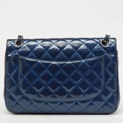 Pre Owned Chanel Navy Blue Iridescent Patent Leather Classic Jumbo Double Flap Bag