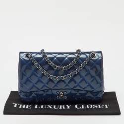Pre Owned Chanel Navy Blue Iridescent Patent Leather Classic Jumbo Double Flap Bag