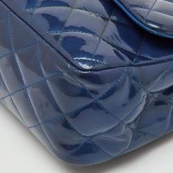 Pre Owned Chanel Navy Blue Iridescent Patent Leather Classic Jumbo Double Flap Bag