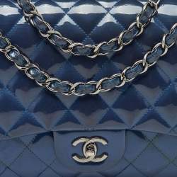 Pre Owned Chanel Navy Blue Iridescent Patent Leather Classic Jumbo Double Flap Bag