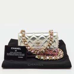 Pre Owned Chanel Metallic Silver/Pink Quilted Leather Coco Punk Wallet on Chain
