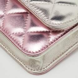 Pre Owned Chanel Metallic Silver/Pink Quilted Leather Coco Punk Wallet on Chain