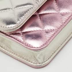 Pre Owned Chanel Metallic Silver/Pink Quilted Leather Coco Punk Wallet on Chain