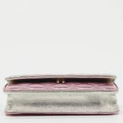 Pre Owned Chanel Metallic Silver/Pink Quilted Leather Coco Punk Wallet on Chain