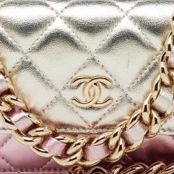 Pre Owned Chanel Metallic Silver/Pink Quilted Leather Coco Punk Wallet on Chain