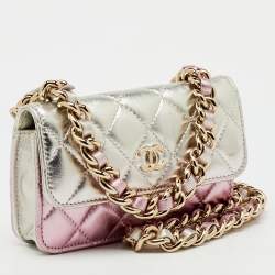 Pre Owned Chanel Metallic Silver/Pink Quilted Leather Coco Punk Wallet on Chain
