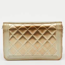 Pre Owned Chanel Metallic Grey Quilted Patent Leather Classic Boy WOC Bag