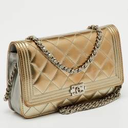 Pre Owned Chanel Metallic Grey Quilted Patent Leather Classic Boy WOC Bag