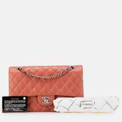 Pre Owned Chanel Orange Medium Classic Lambskin Double Flap