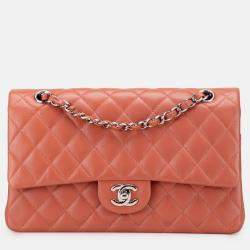 Pre Owned Chanel Orange Medium Classic Lambskin Double Flap