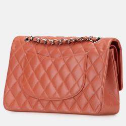 Pre Owned Chanel Orange Medium Classic Lambskin Double Flap