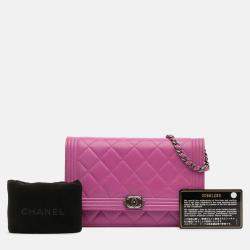 Pre Owned Chanel Purple Lambskin Boy Wallet on Chain