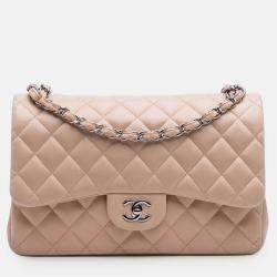 Pre Owned Chanel Beige Jumbo Classic Lambskin Double Flap