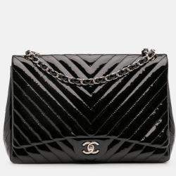 Pre Owned Chanel Black Maxi Classic Chevron Patent Single Flap Bag