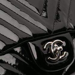 Pre Owned Chanel Black Maxi Classic Chevron Patent Single Flap Bag