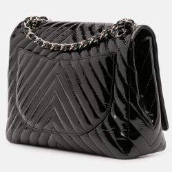 Pre Owned Chanel Black Maxi Classic Chevron Patent Single Flap Bag