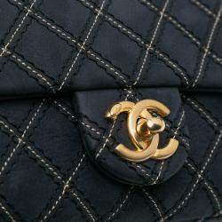 Pre Owned Chanel Navy Blue Medium Quilted Calfskin Triple Stitched Flap