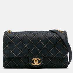Pre Owned Chanel Navy Blue Medium Quilted Calfskin Triple Stitched Flap