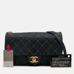 Pre Owned Chanel Navy Blue Medium Quilted Calfskin Triple Stitched Flap