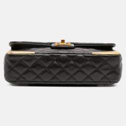 Pre Owned Chanel Black Gold Quilted Calfskin Rock The Corner Flap