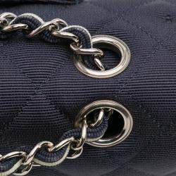 Pre Owned Chanel Navy Blue Medium Classic Printed Grosgrain Double Flap
